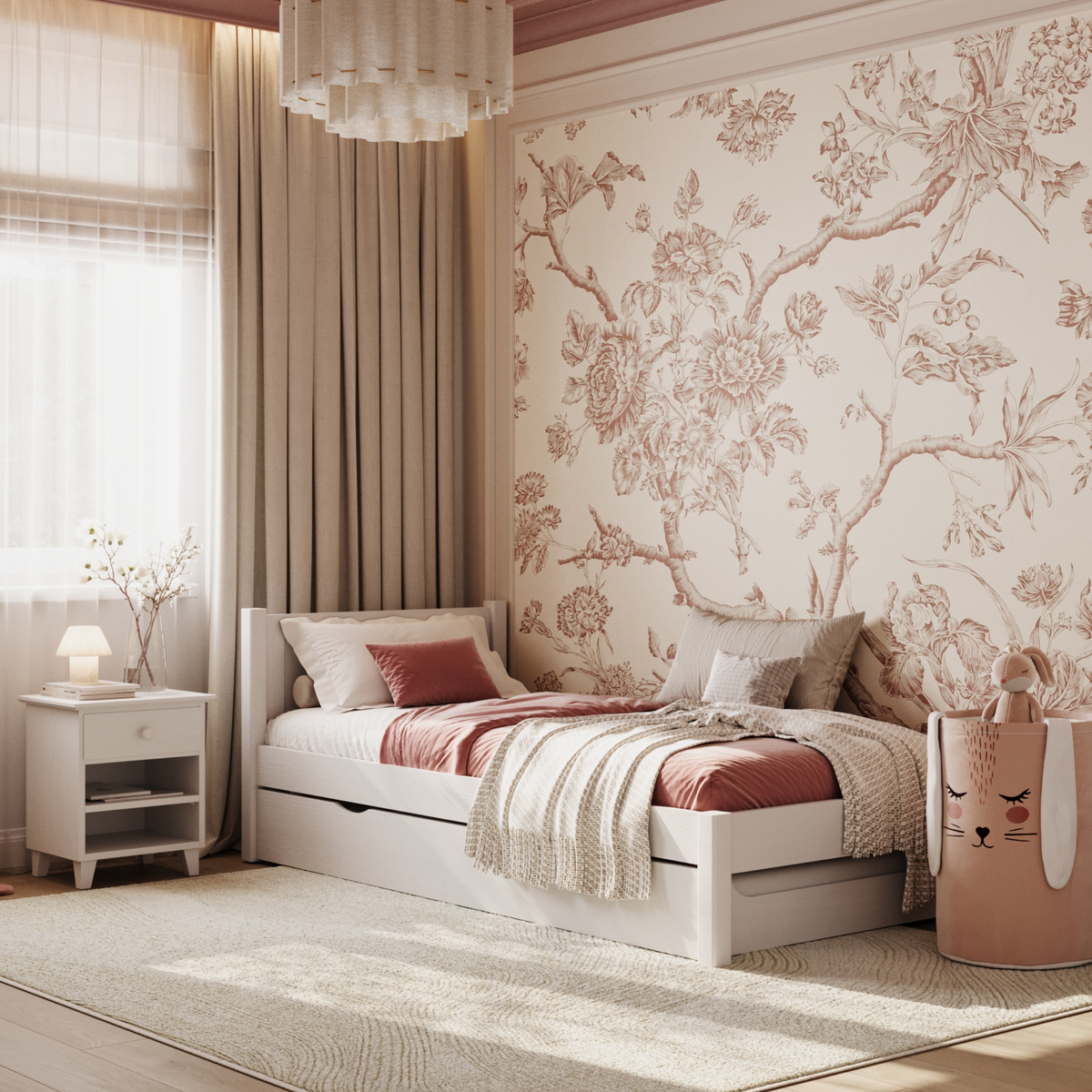 Jasny pokój dziecka: białe i dębowe meble w praktyce