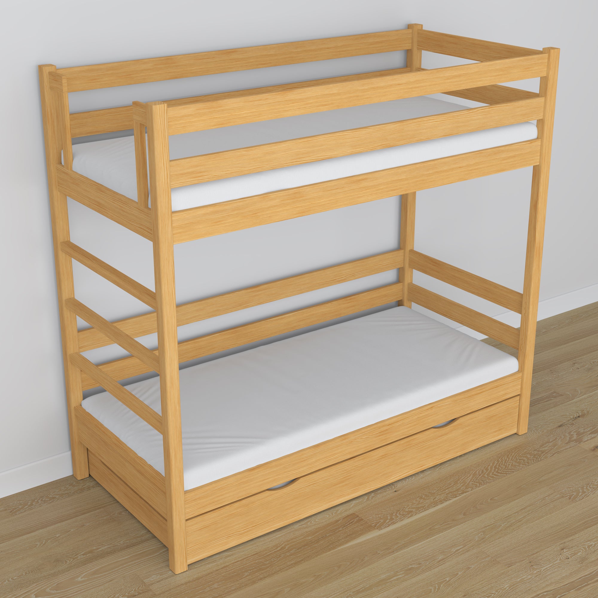 Łóżko piętrowe z szufladą na materac N03 sosna naturalna – widok z innej perspektywy, solidne drewno