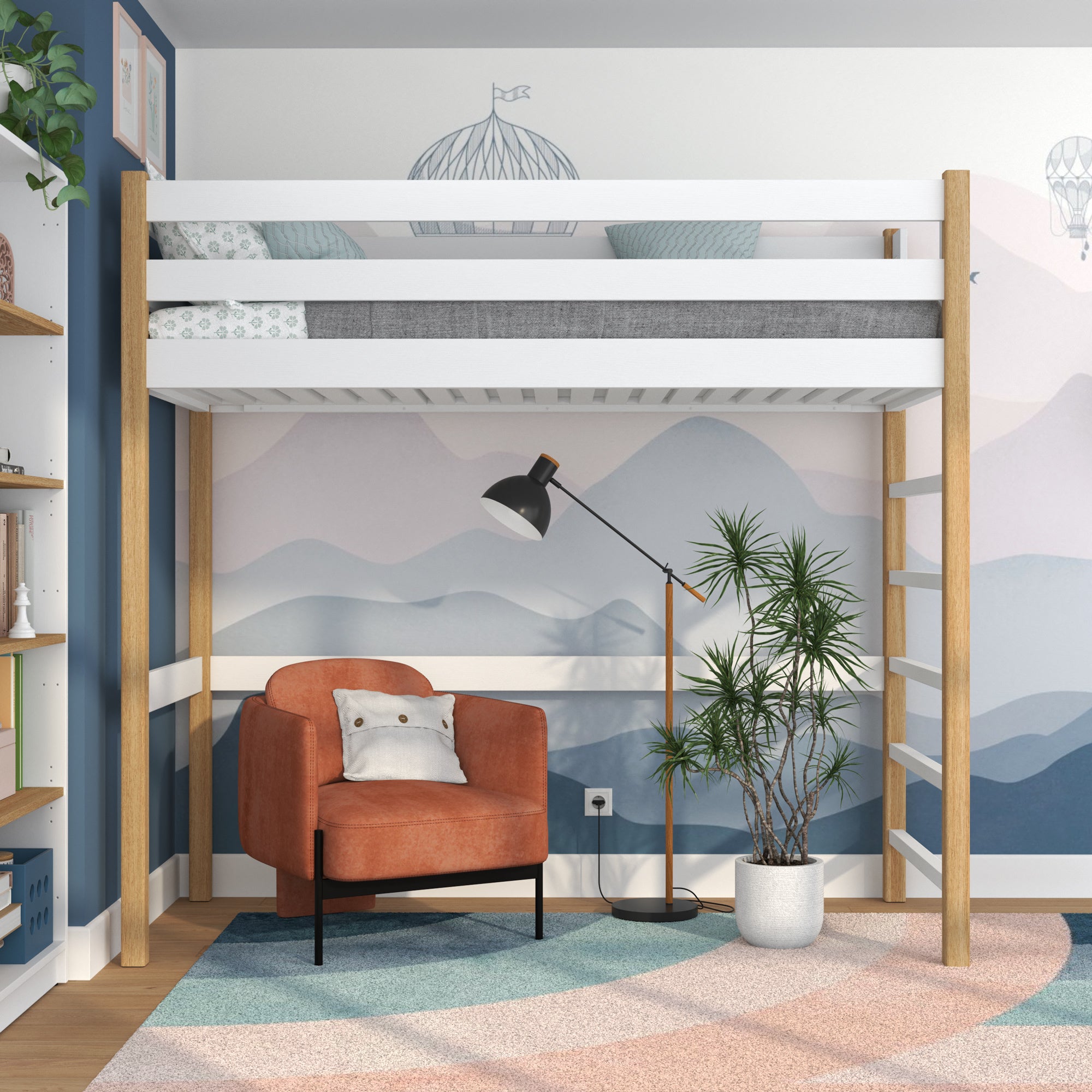 Drewniane łóżko na antresoli N01 biało dębowy – widok ogólny