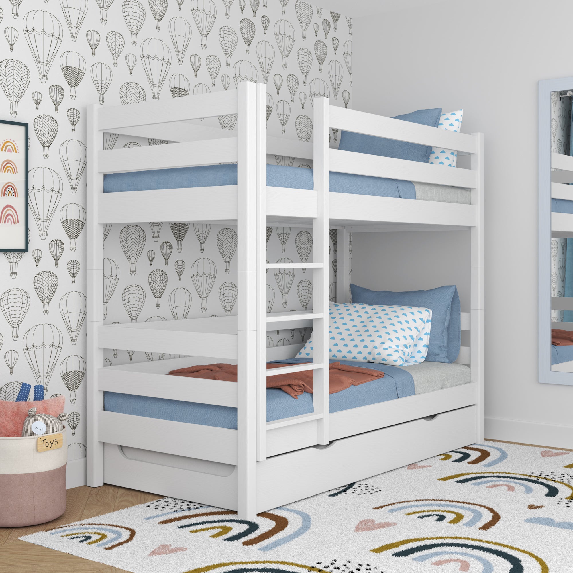 White Wooden Bunk Bed – Ladder, Rails, Drawer for Extra Mattress