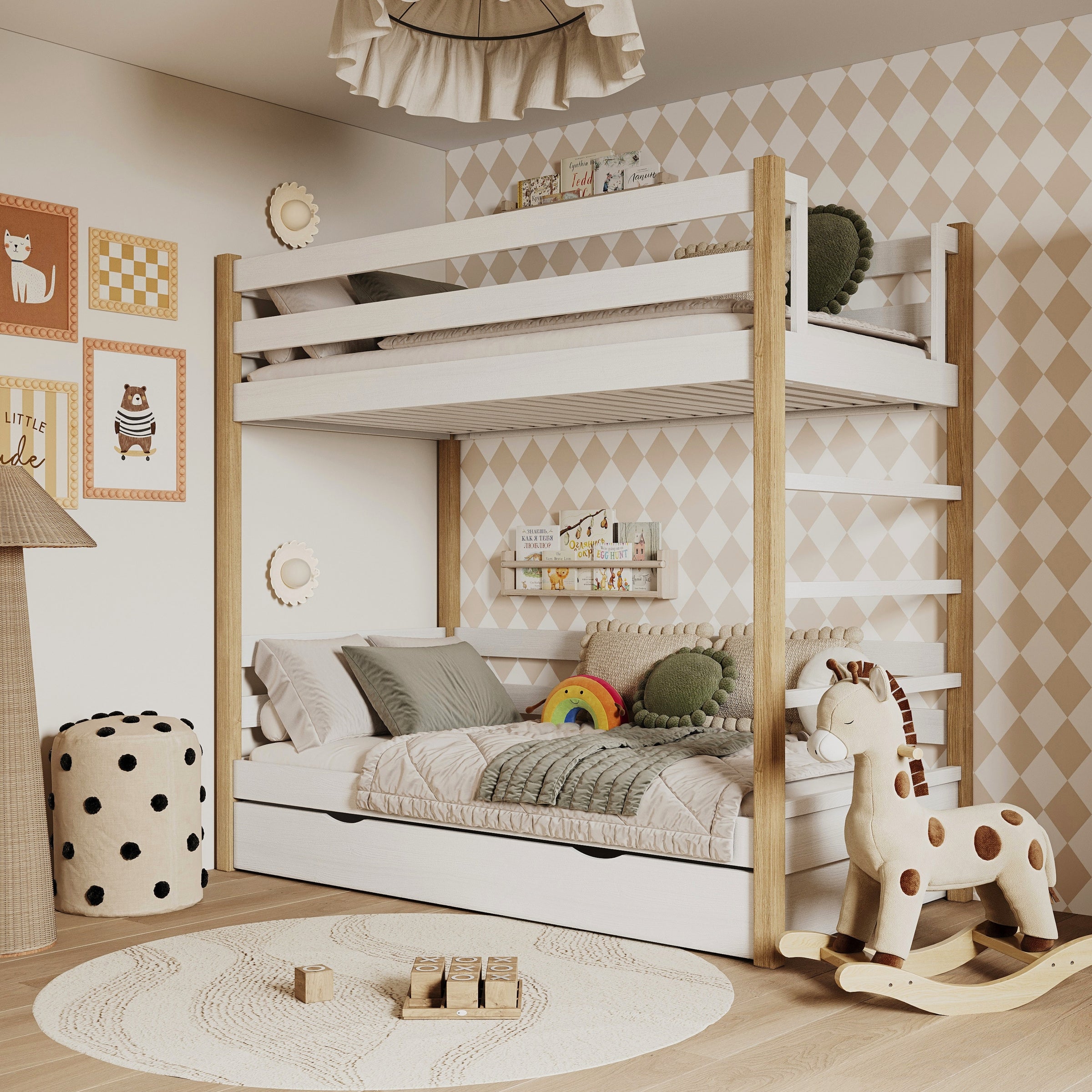 Łóżko piętrowe z szufladą N03 biało dębowy – dodatkowy widok, lite drewno