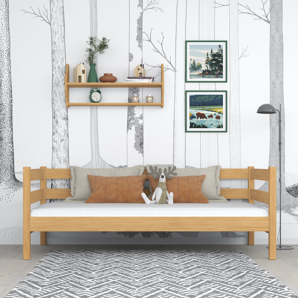 Łóżko sofa N01 sosna naturalna – widok z boku, solidna konstrukcja drewniana
