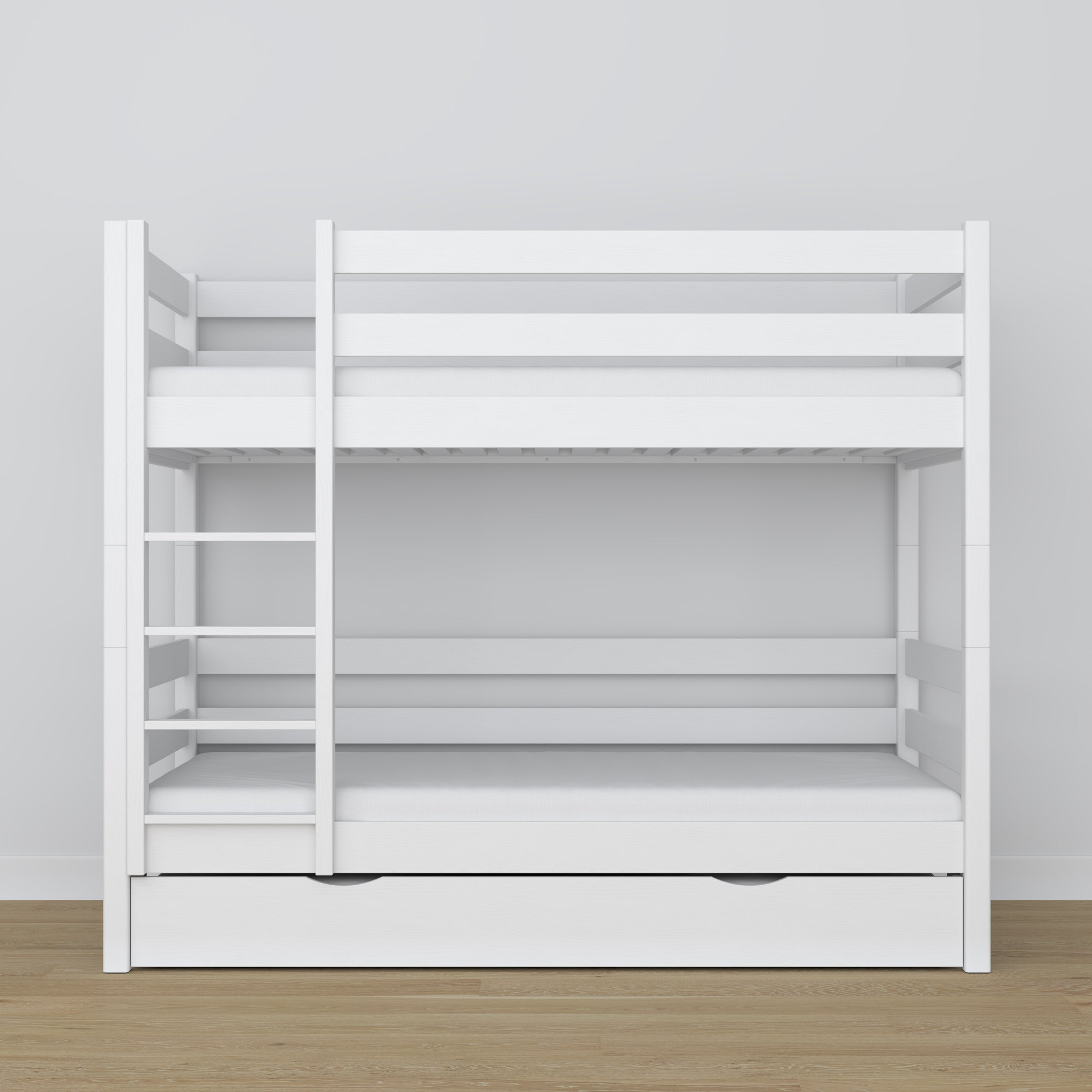 White Wooden Bunk Bed – Interior of Mattress Drawer, Children’s Room