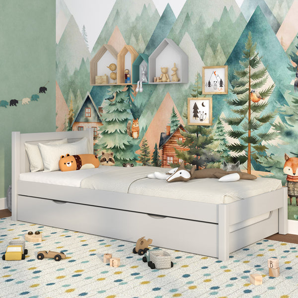 Bed grey with drawer for an extra mattress – wooden, for children Nizio