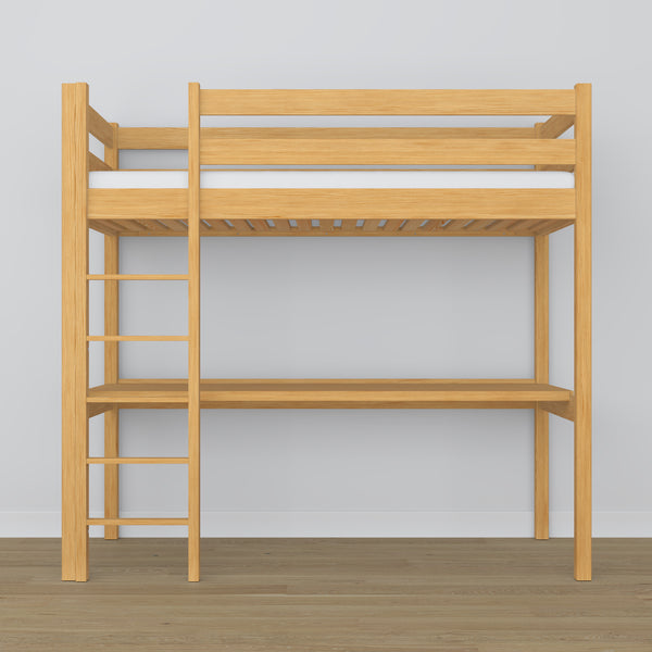 Loft bed natural pine with desk – study space under the sleeping area, wooden