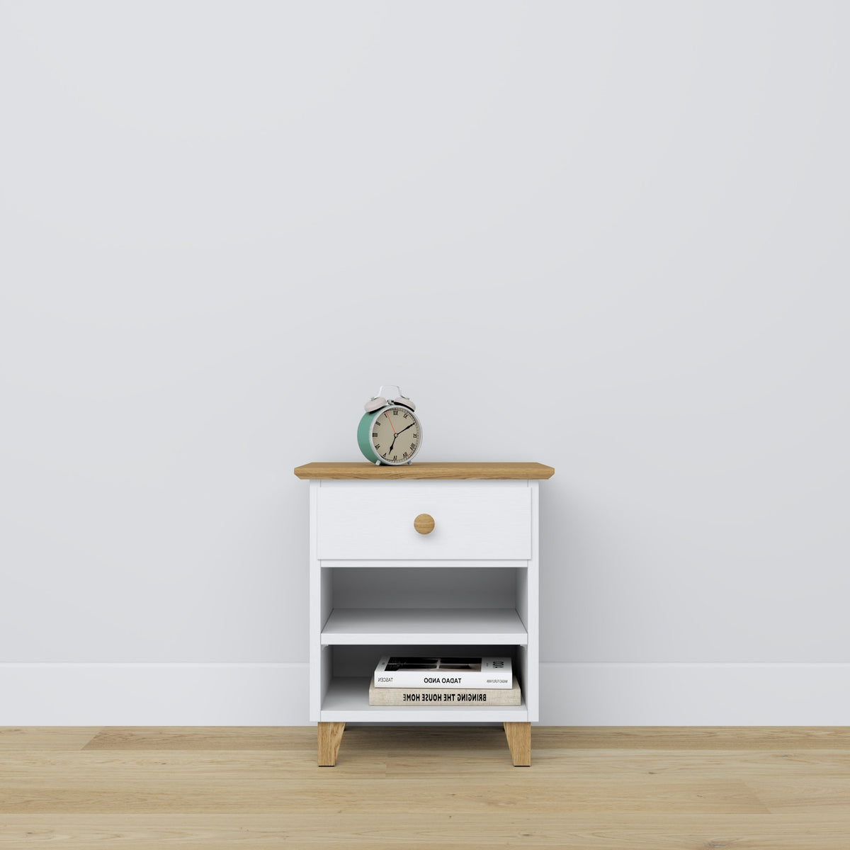 Wooden bedside table 1S N02 Scandi white / natural oak