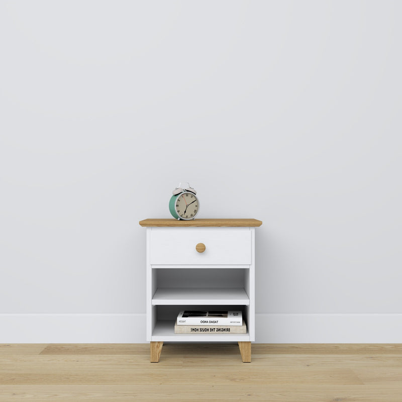 Wooden bedside table 1S N02 Scandi white / natural oak