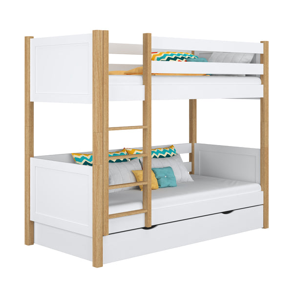 Drewniane łóżko piętrowe z szufladą N02 biało dębowy – widok ogólny, lite drewno