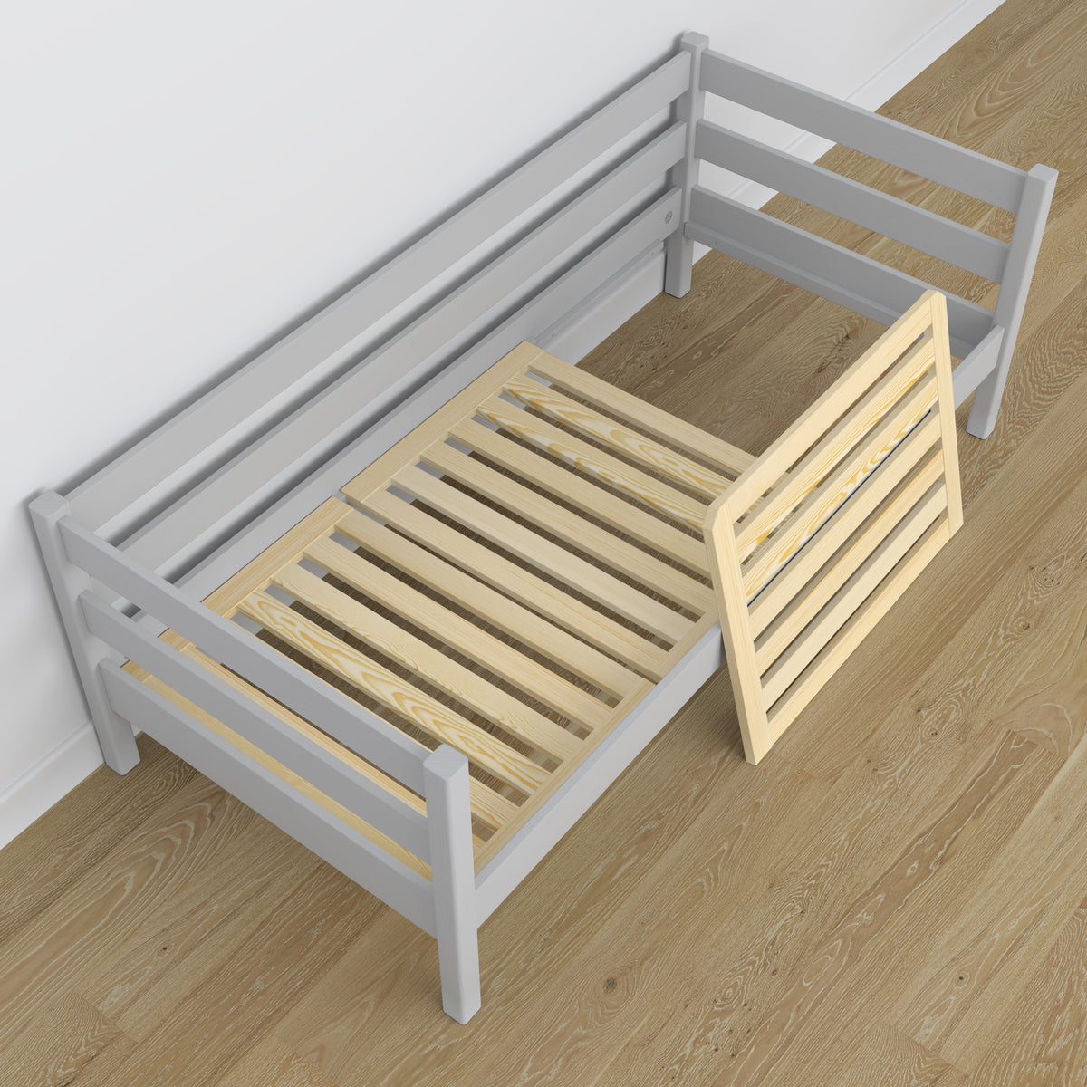 Grey sofa bed with mattress drawer made of wood – dimensions, Nizio