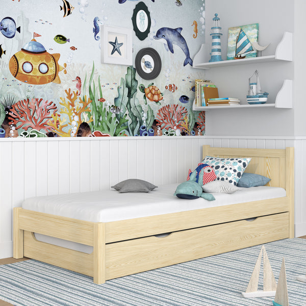 Clear pine bed with drawer for additional mattress – wooden, for children, Nizio