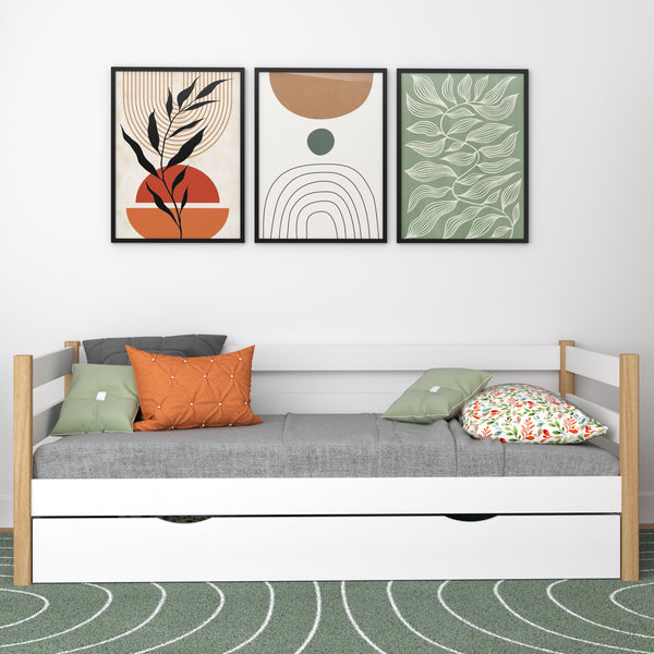 Drewniane łóżko sofa z szufladą N01 biało dębowy – widok ogólny, lite drewno