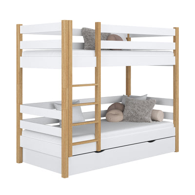 Drewniane łóżko piętrowe z szufladą N01 biało dębowy – widok ogólny, lite drewno