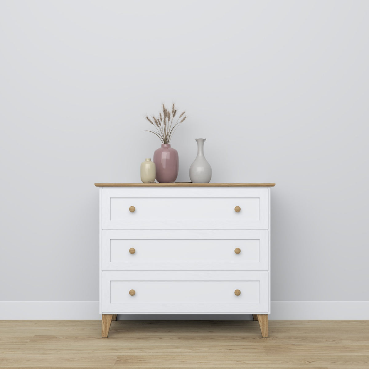 Wooden chest of drawers 3S 105 Scandi white / natural oak