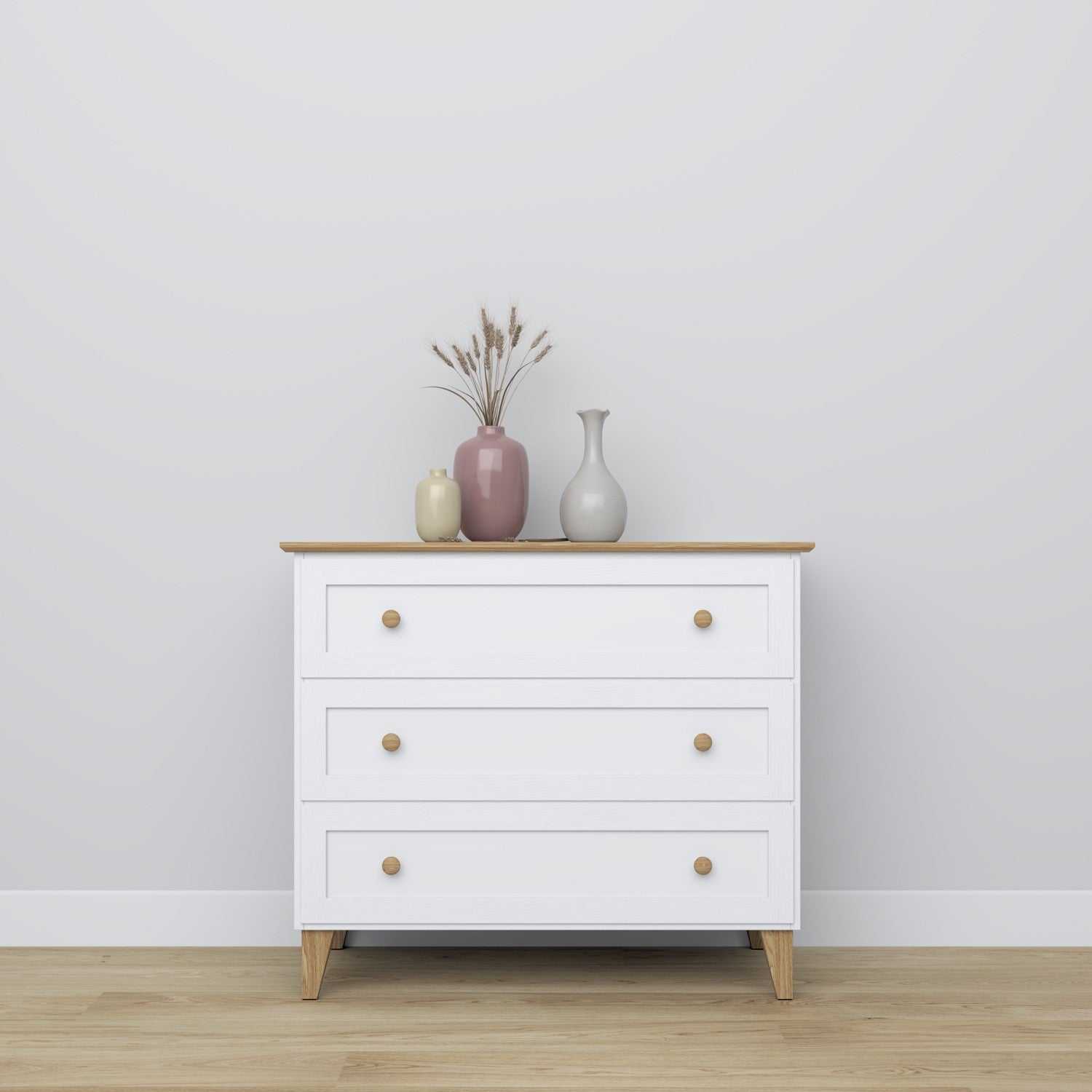Wooden chest of drawers 3S 105 Scandi white / natural oak