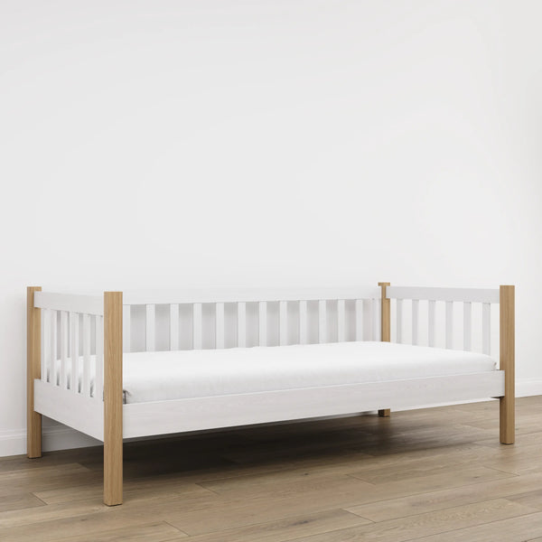 Sofa bed white with oak – wooden side barrier, safety for children