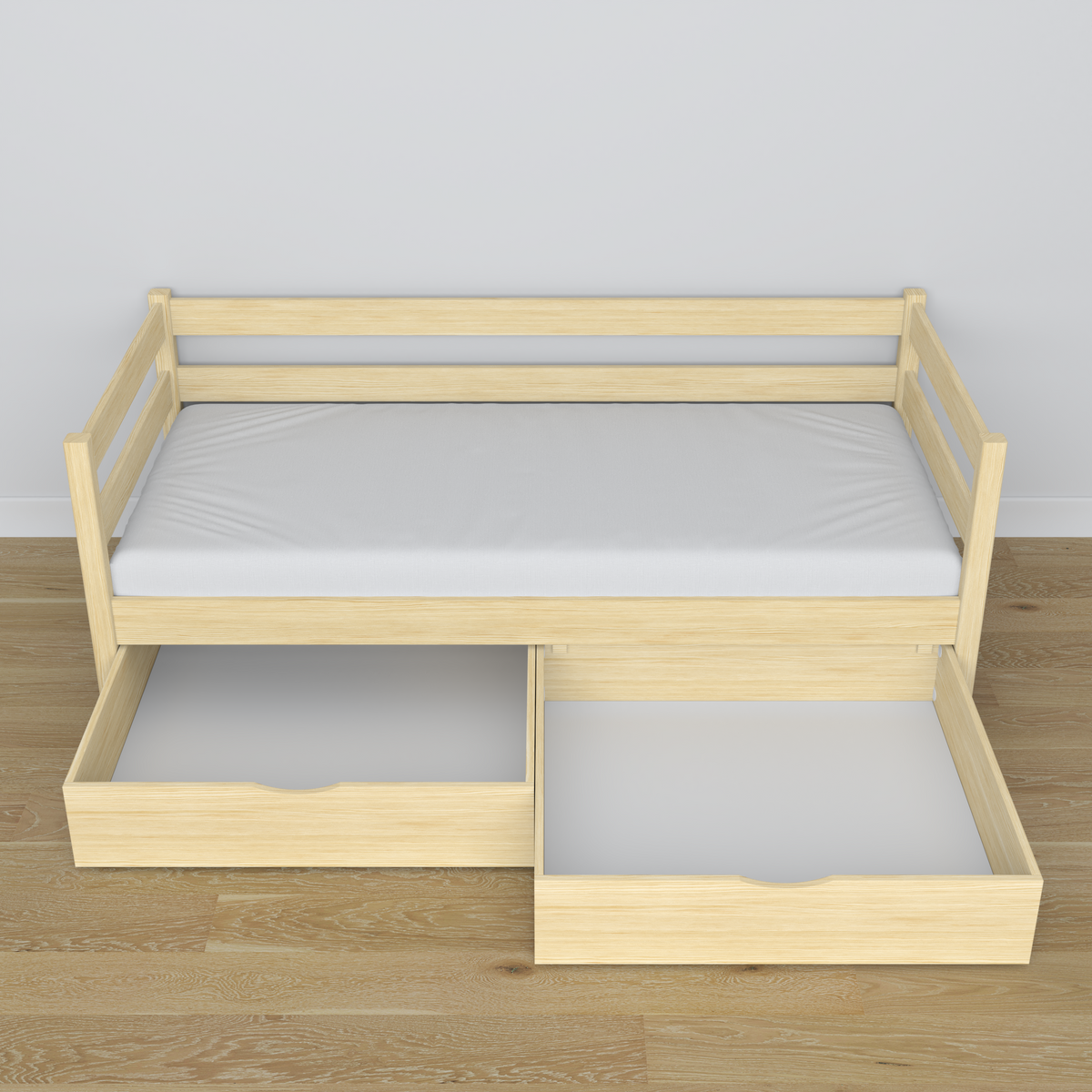 Sofa bed wooden clear pine – angled view, scandi