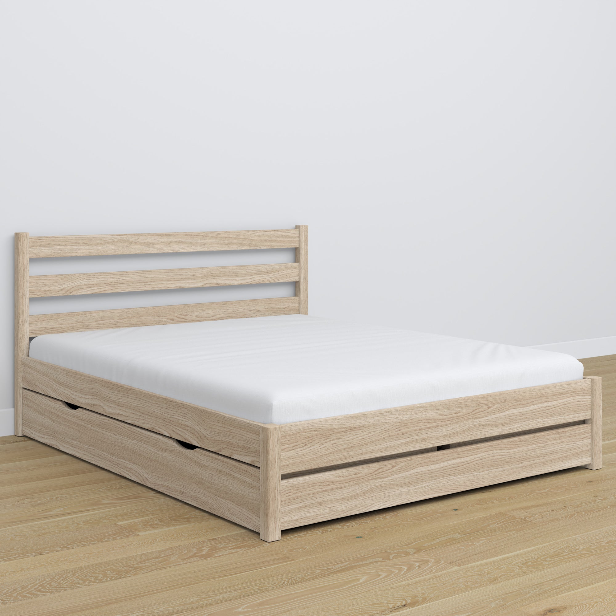 Double bed bleached oak with drawer – oak headboard, close-up