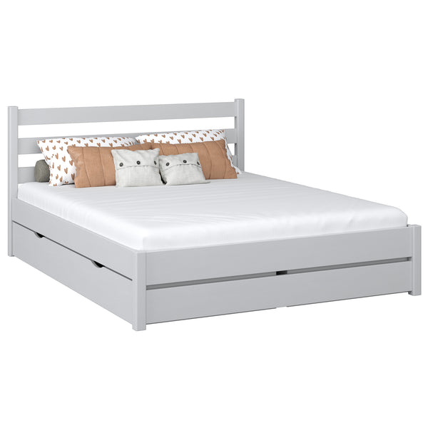 Wooden double bed with drawer N01 grey – overall view, solid pine wood