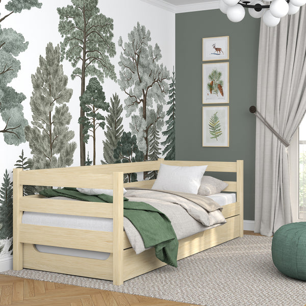 Łóżko sofa sosna bezbarwna z szufladą na materac – drewniane, Nizio Home